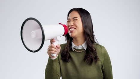 Happy-asian-woman,-megaphone
