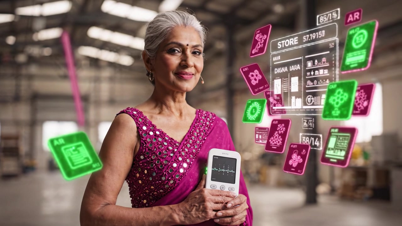 Una donna emancipata in abiti tradizionali mostra vivacemente un dispositivo di monitoraggio della salute in uno spazio industriale moderno, sottolineando la connessione tra tradizione e tecnologia.