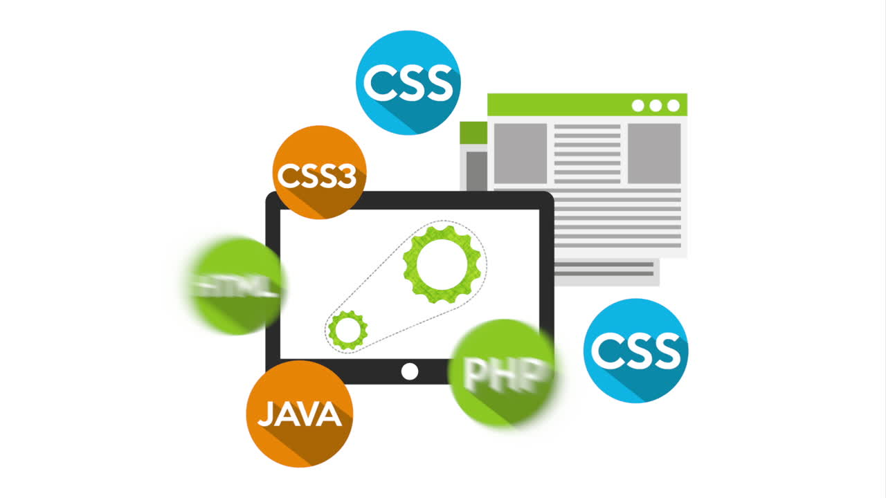 programming language with tablet and icons animation