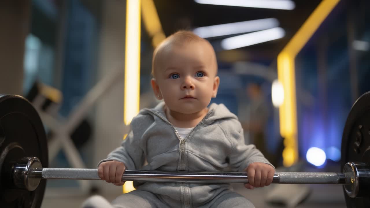 Ağırlık Kaldıran Sevimli Bebek: Genç Yaştaki Fitness Tutkusunun Eşsiz Cazibesini Sergileyen, Spor Salonu Ortamında Azim ve Gücün Büyüleyici Bir Gösterisi