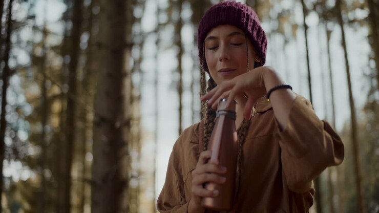 Woman opening bottle lid in forest during summer