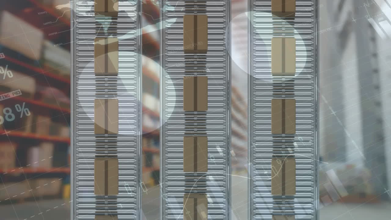 procesamiento de datos estadísticos frente a la vista aérea de múltiples cajas de entrega en la cinta transportadora