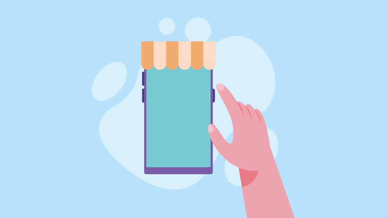 가게 아이콘 을 가진 휴대 전화 를 손 으로 만지는 것