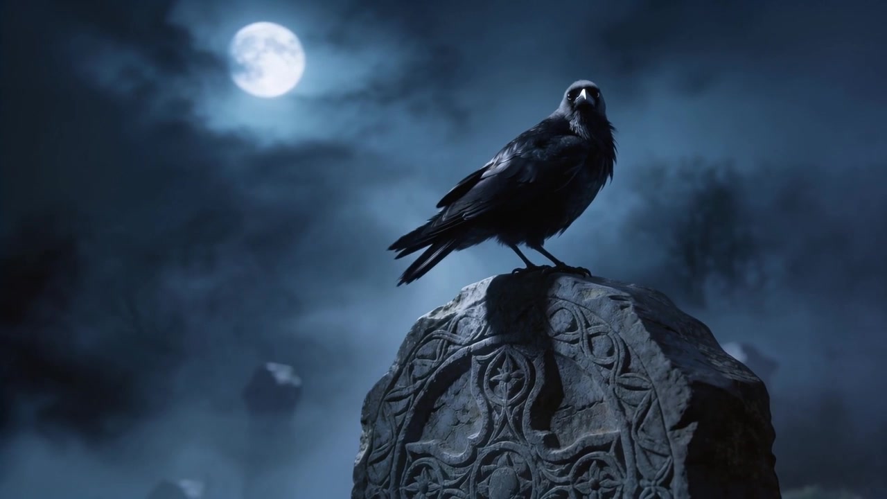 Corvo seduto che si gira, si arruffa e gracchia su una pietra intagliata sotto la luna piena in un cimitero, accarezzato dalla brezza.