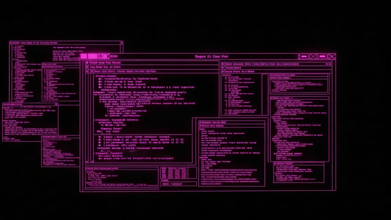 A Display of Data Within High-Contrast Digital Screens Featuring Command-Line Interfaces and Text, Set Against a Deep Black Background in Vibrant Pink Hues