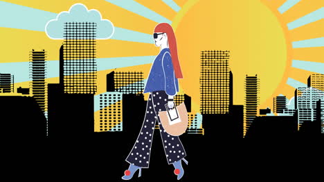 animation of fashion drawing of model in city on yellow background