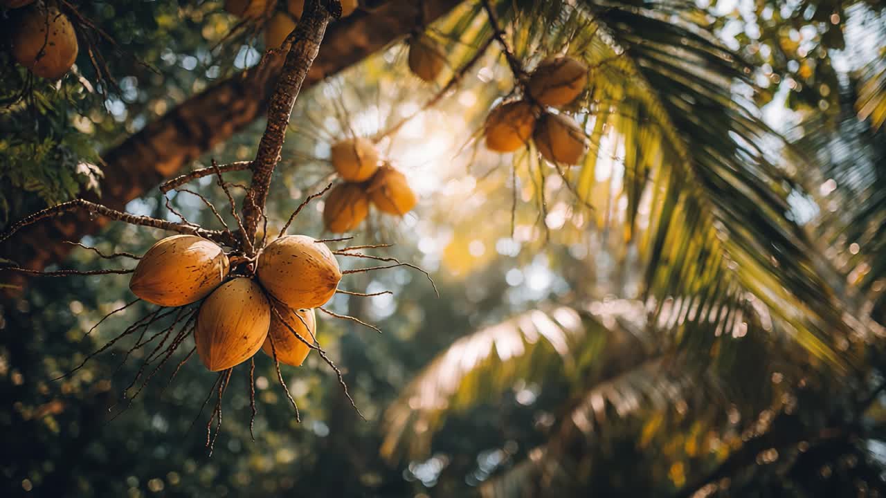 A Stunning Display of Tropical Fruits: Lush Coconut Cluster Bathed in Golden Sunlight, Surrounded by Vibrant Green Palm Fronds in a Picturesque Setting