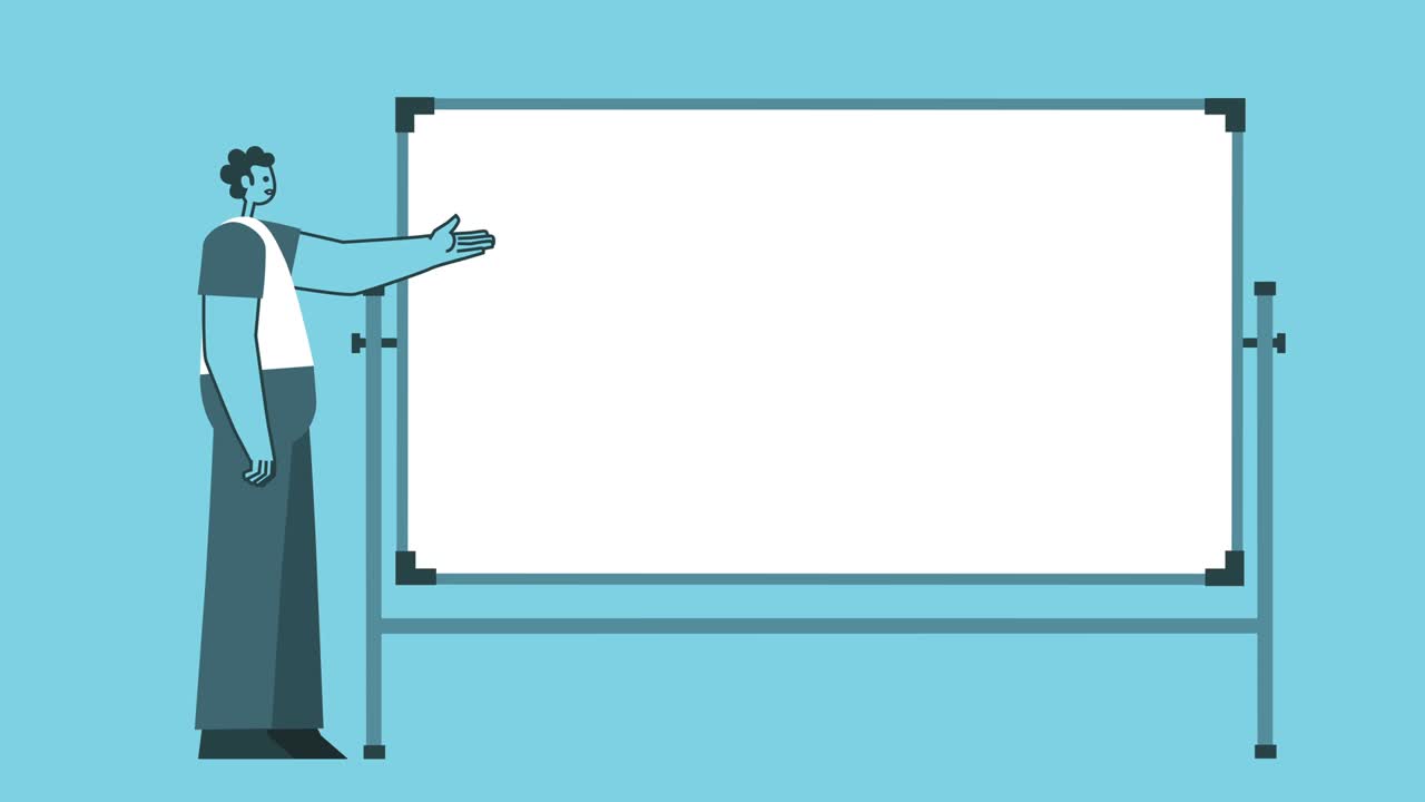 diseño gráfico plano hombre en negrita personaje de dibujos animados hablando cerca de pizarra ciclo aislado animación 2d