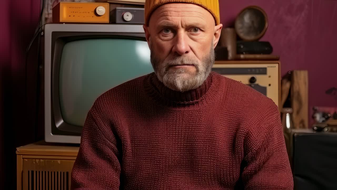 Nostalgic senior man with beard and yellow beanie sitting and looking at vintage tv set with blue screen in a room with retro furniture and purple wall, remembering the past and feeling melancholic