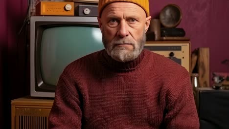 nostalgic senior man with beard and yellow beanie sitting and looking at vintage tv set with blue screen in a room with retro furniture and purple wall, remembering the past and feeling melancholic