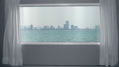 view from the window with curtains to downtown skyline with sea. background plate, chroma key video background