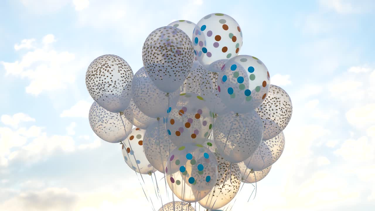 un montón de globos punteados coloridos en el cielo