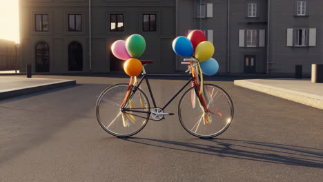 bicycle decorated with balloons on a city street