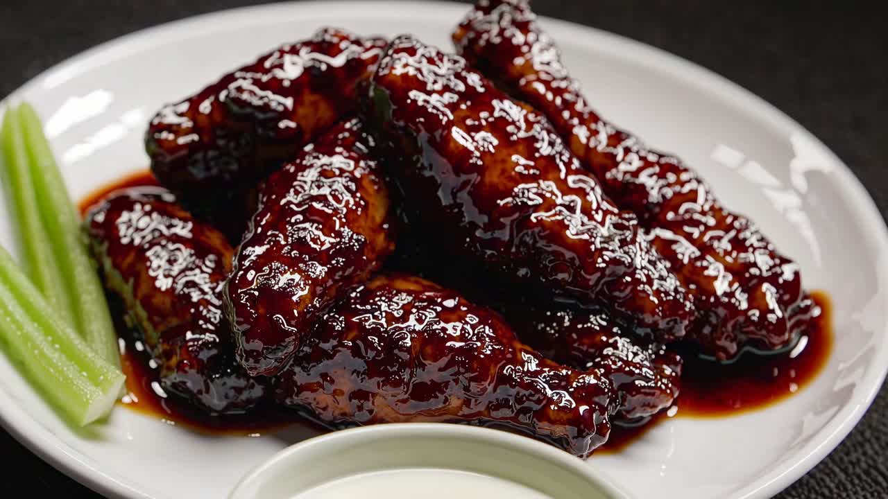 Close-up angle of glazed chicken wings on a white plate with celery, styled for a cooking video