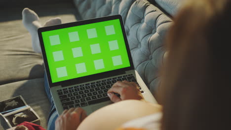 mujer embarazada trabajando en una computadora portátil en casa
