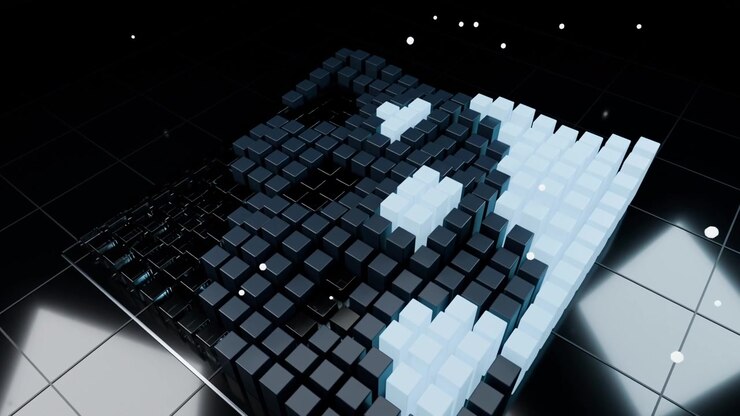 Animating square array rising on glossy plane as icy-blue cubes appearing, forming pixel art 94 12