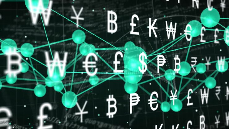 Currency symbols and network connections animation over financial data background