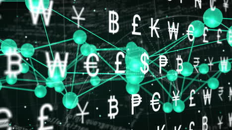 currency symbols and network connections animation over financial data background