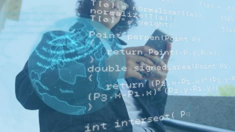 animación del procesamiento de datos financieros sobre un empresario caucásico que usa un teléfono inteligente