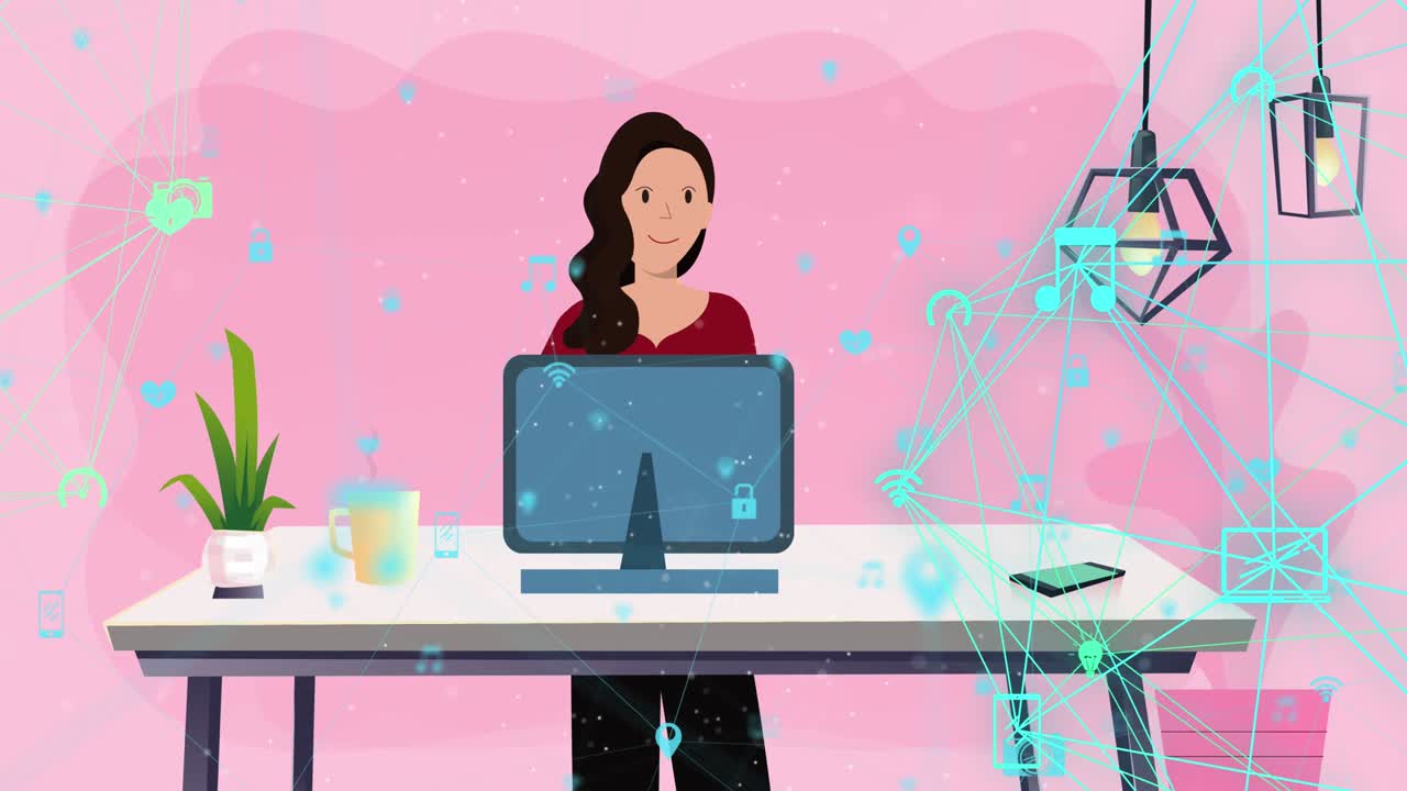 Animation von Netzwerk mit digitalen Symbolen über einer Frau, die einen Computer benutzt.