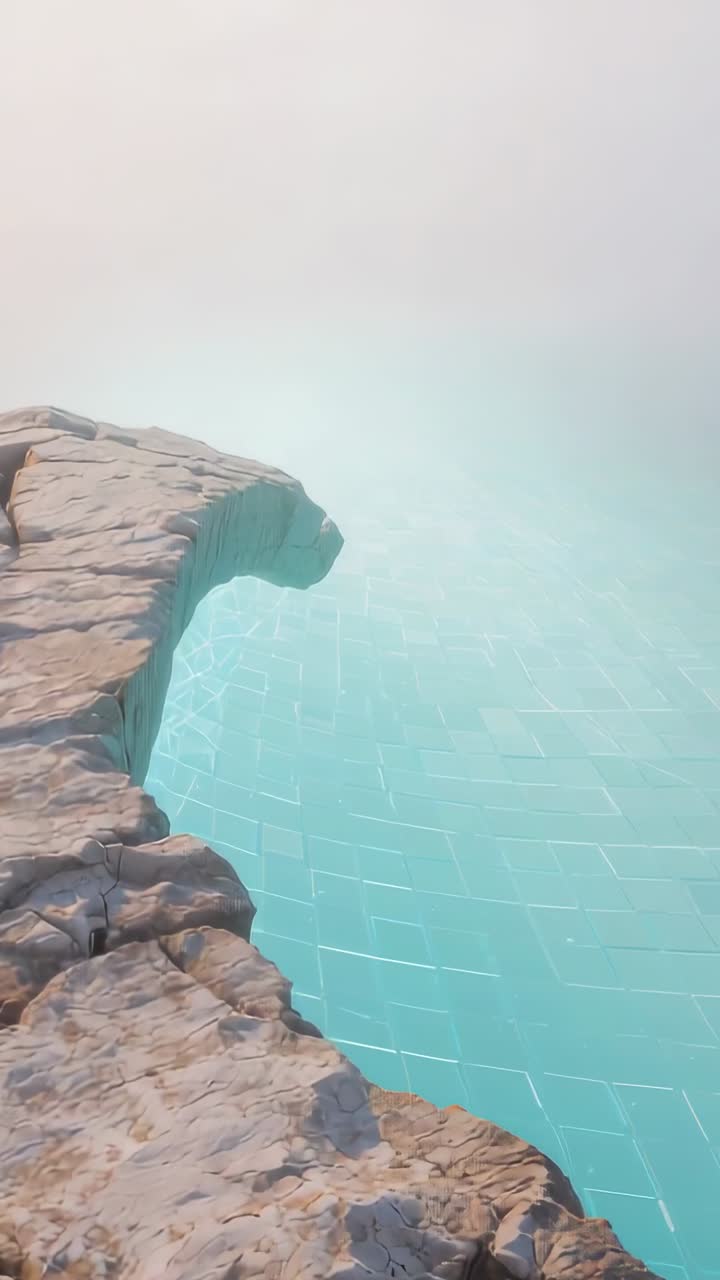 Video verticale: cambio di camera che rivela una sporgenza su una scogliera, acqua azzurra piastrellata che sfuma nella nebbia, spazio per testi