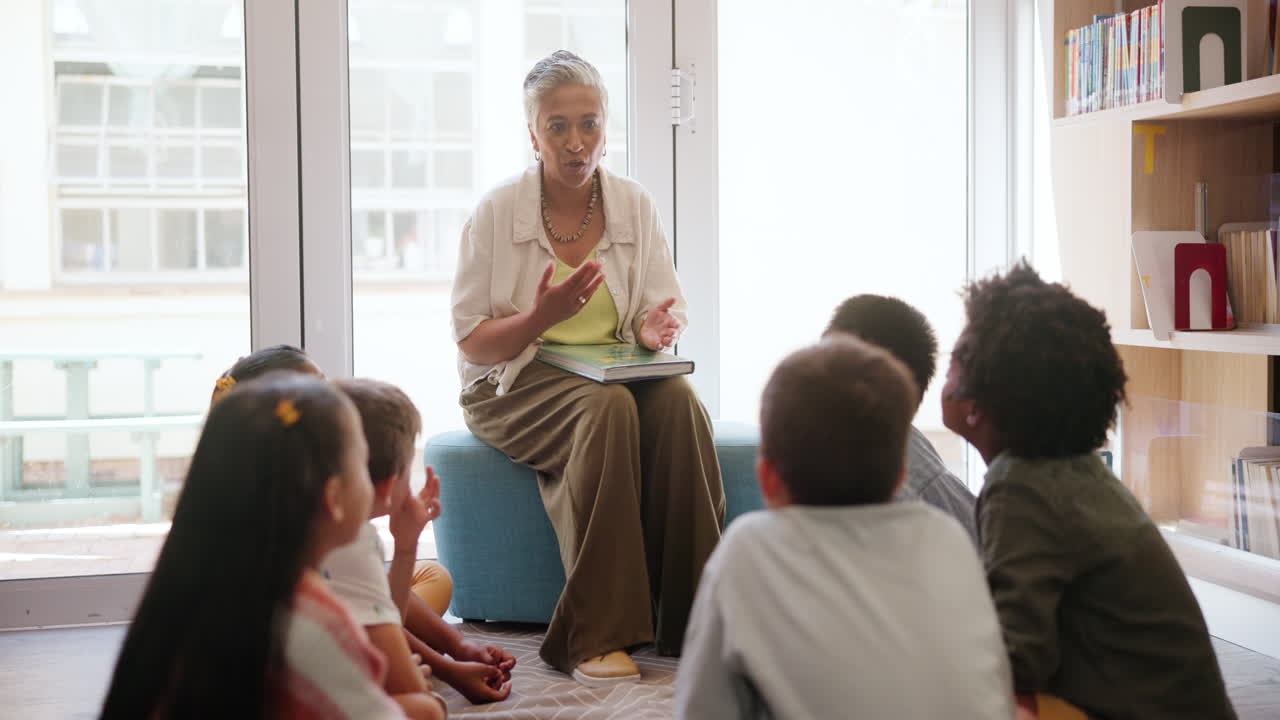 Teacher reading to children in a library