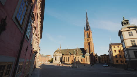 view of the famous church with an iron spire in stockholm 4k video