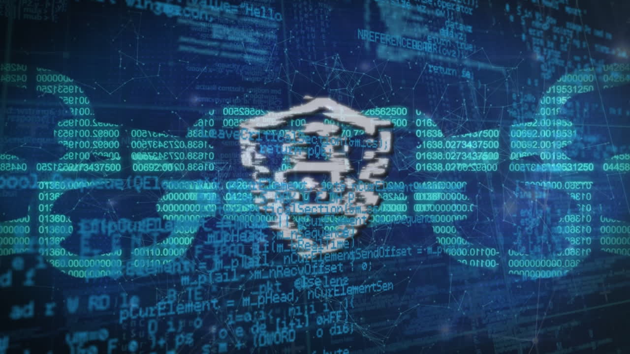 animación del escudo digital, el candado y la cadena sobre el procesamiento de datos sobre fondo azul