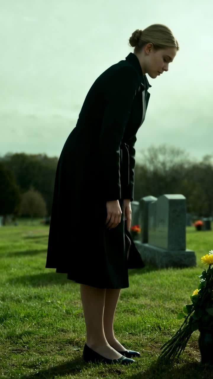 Una donna si avvicina a una tomba, si china, posiziona un bouquet giallo, si rialza e si inchina, in lutto a un funerale.