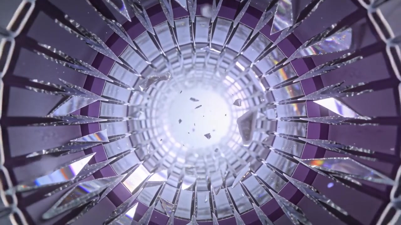 Moving camera pushing through center glass rings toward light, shards refracting on purple backing