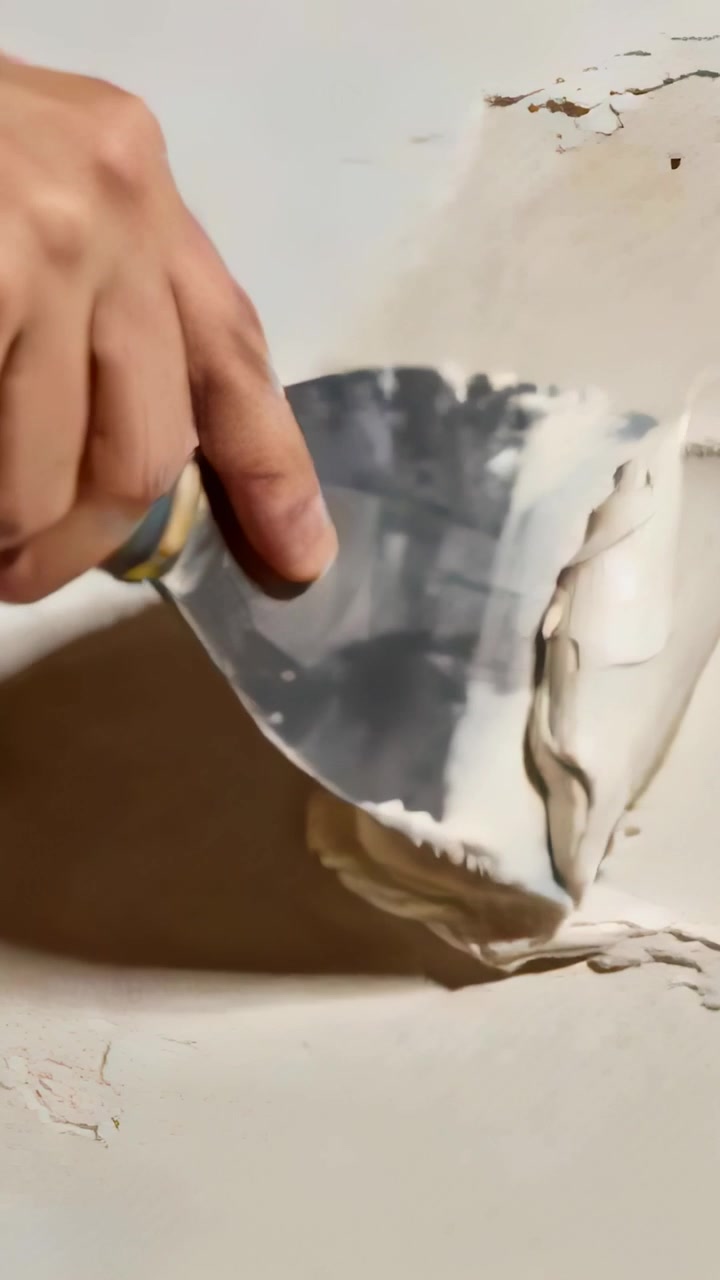 Vertical video: Scooping spackle, right-hand using metal putty knife smoothing wall patch in room