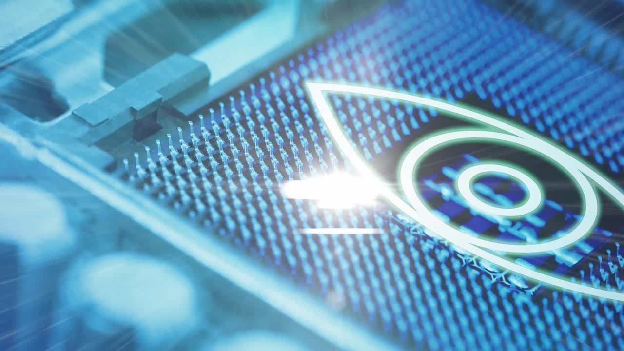 컴퓨터 서버의 클로즈업에서 눈 아이콘에 대한 밝은 빛의 반점의 디지털 애니메이션