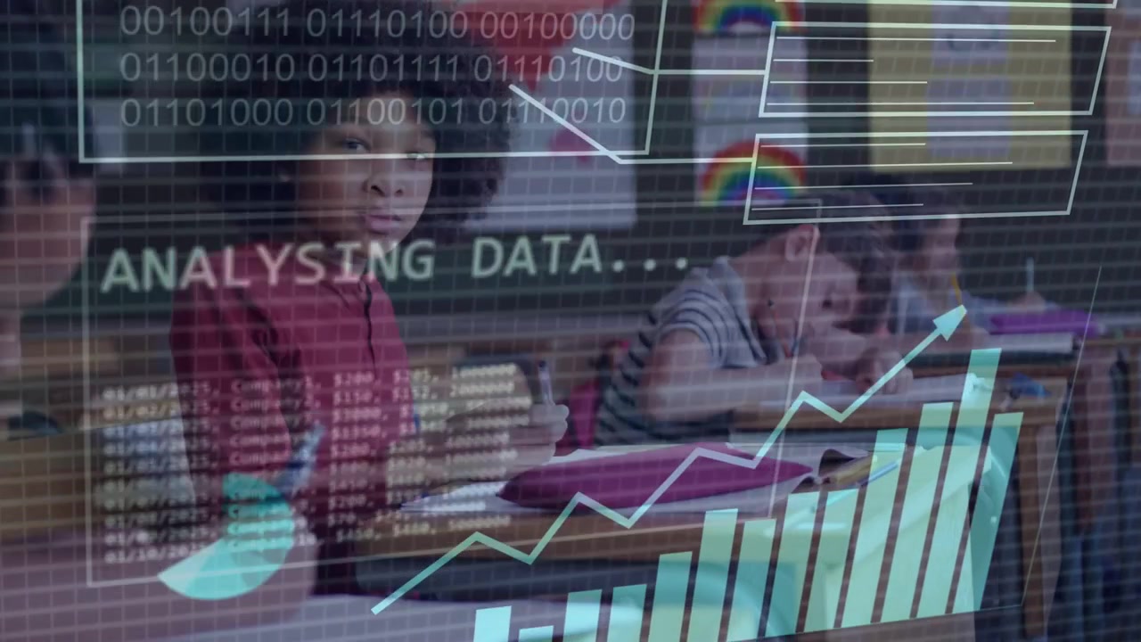 Female student writing at desk, pen stroke leading charts rising and analyzing classroom data