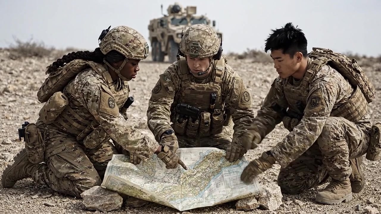 砂漠環境で地図を囲み戦略を練る兵士たち。背景の車両が戦術的な軍事作戦とチーム連携の重要性を強調する