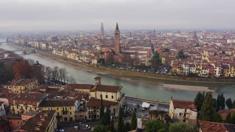 verona, italy on a cloudy day seen from castel san pietro, wide shot zoom in