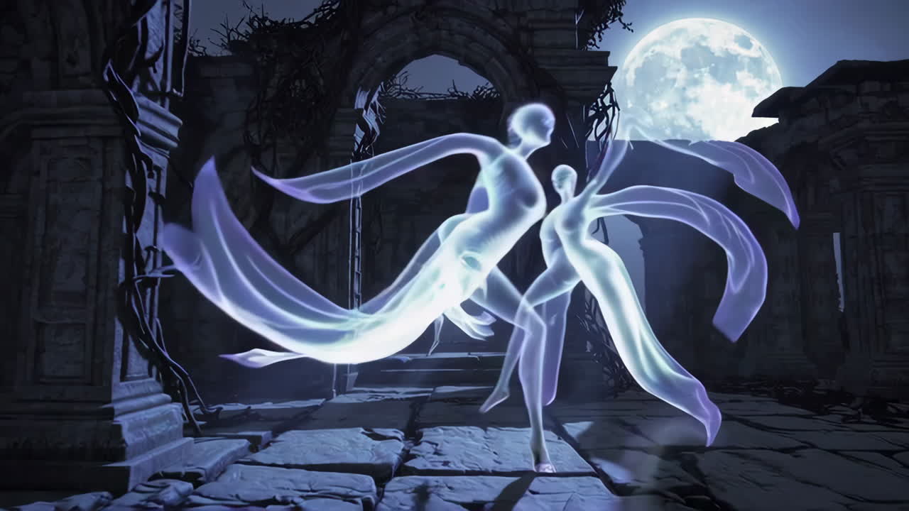 Ghostly Dancers in Ancient Ruins Under the Moonlight