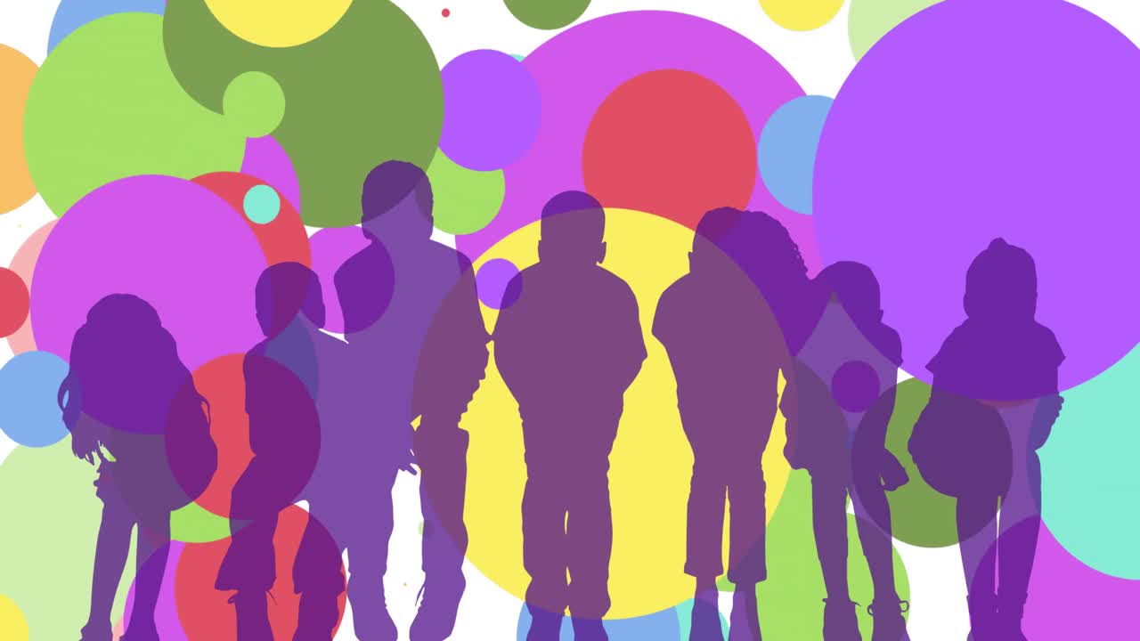 animación de puntos y siluetas de niños sobre fondo blanco