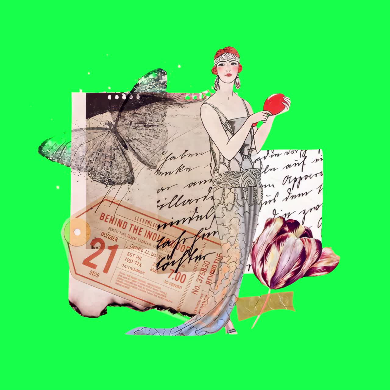 Vintage collage with artistic flair animation, transparent 4K video, green screen