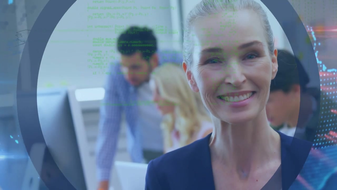 Animation of data processing over spinning globe against caucasian woman smiling at office