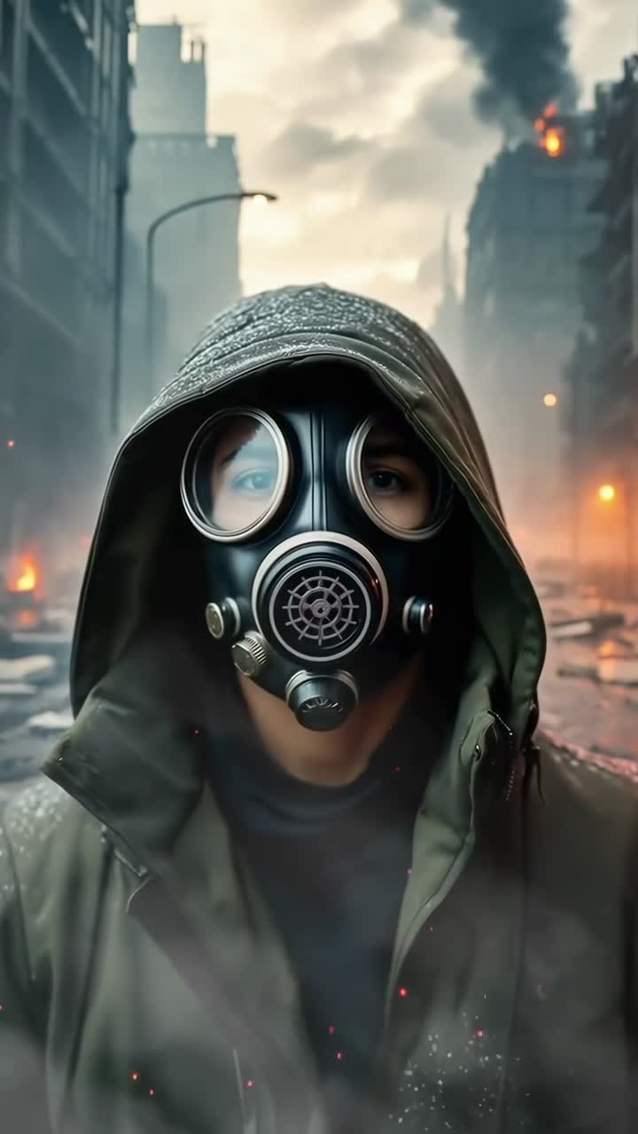 A video still of a person in a gas mask, shot from eye level, in a smoky, dystopian cityscape