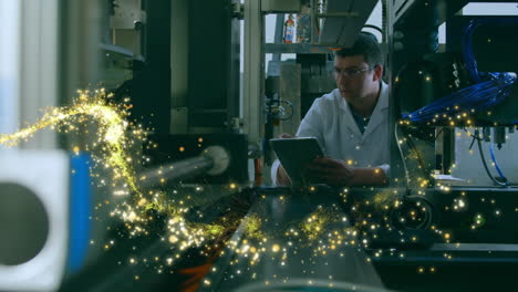 animation of glowing shooting star over male scientist with robot and tablet