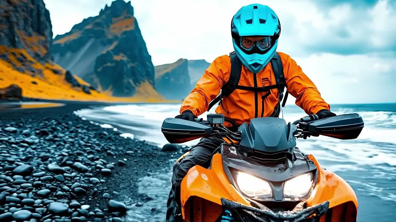 A man riding a quad bike on a rocky beach
