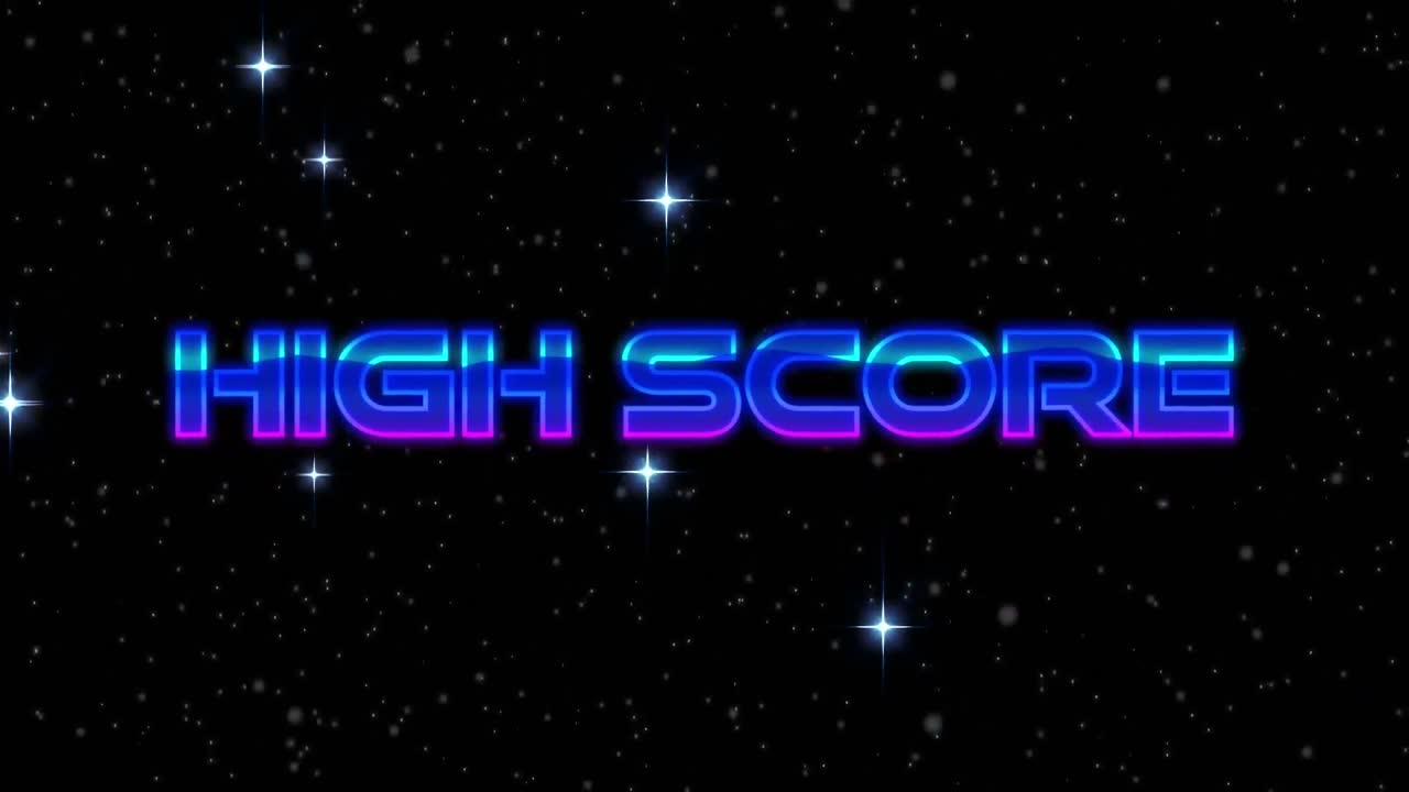 Digital animation af "high score"-tekst over faldende skinnende stjerner mod blå baggrund