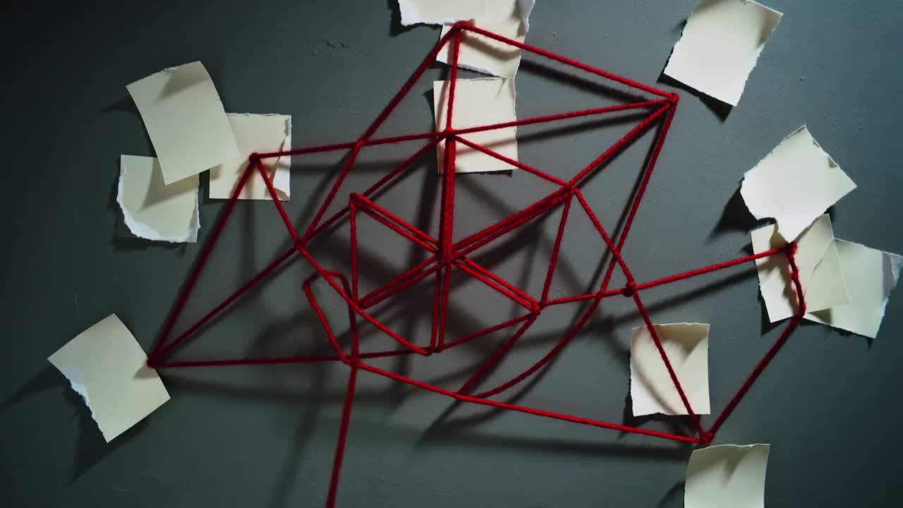 Tightening red string pulling and weaving into 3D cluster on dark gray wall, torn paper anchors