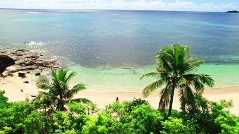 Female-in-bikini-entering-turquoise-water-from-sandy-tropical-island-beach,-Yasawa,-Fiji