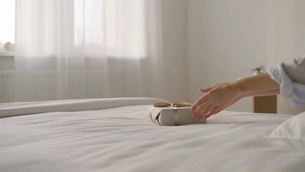 Close view of hands gently placing matte wrapped gift box with satin ribbon onto white bed in softly lit minimalist bedroom, with neutral bedding, sheer curtains, bedside lamp, and calm cozy