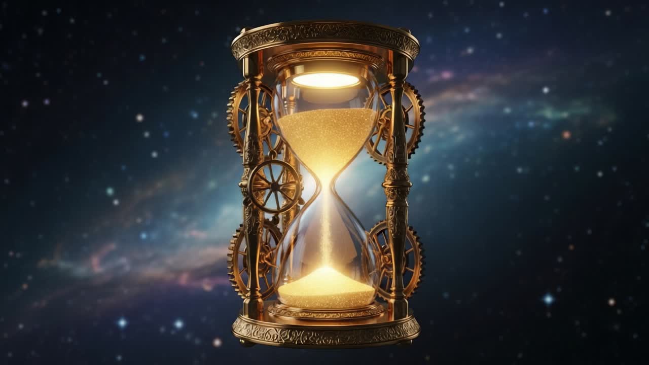 A mesmerizing hourglass glows against a cosmic backdrop, captivating the viewer with its intricate design and the passage of time represented through flowing sand