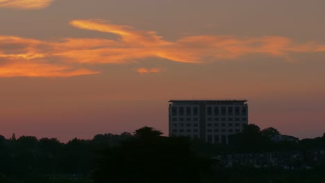 amplio amanecer timelapse de un edificio de oficinas alto y árboles silueteados en primer plano