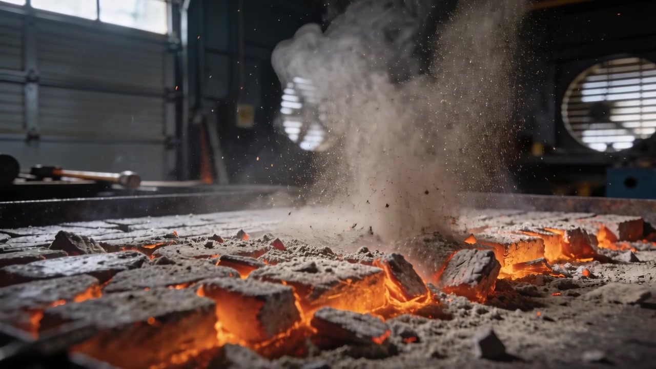 Un letto di carbone incandescente che esplode per l'accumulo di calore, inviando cenere e braci verso l'alto in un'officina.