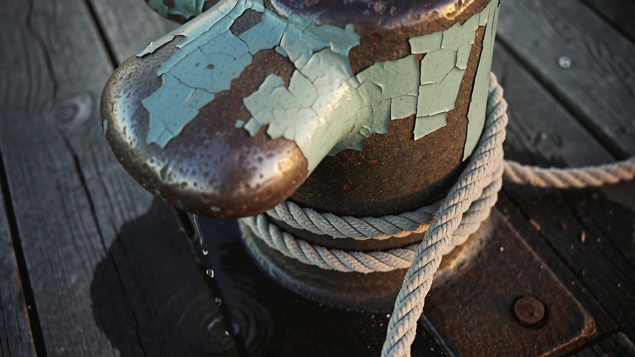 Forming droplets, bollard with peeling pale aqua paint shedding water on dock planks, rope from dew